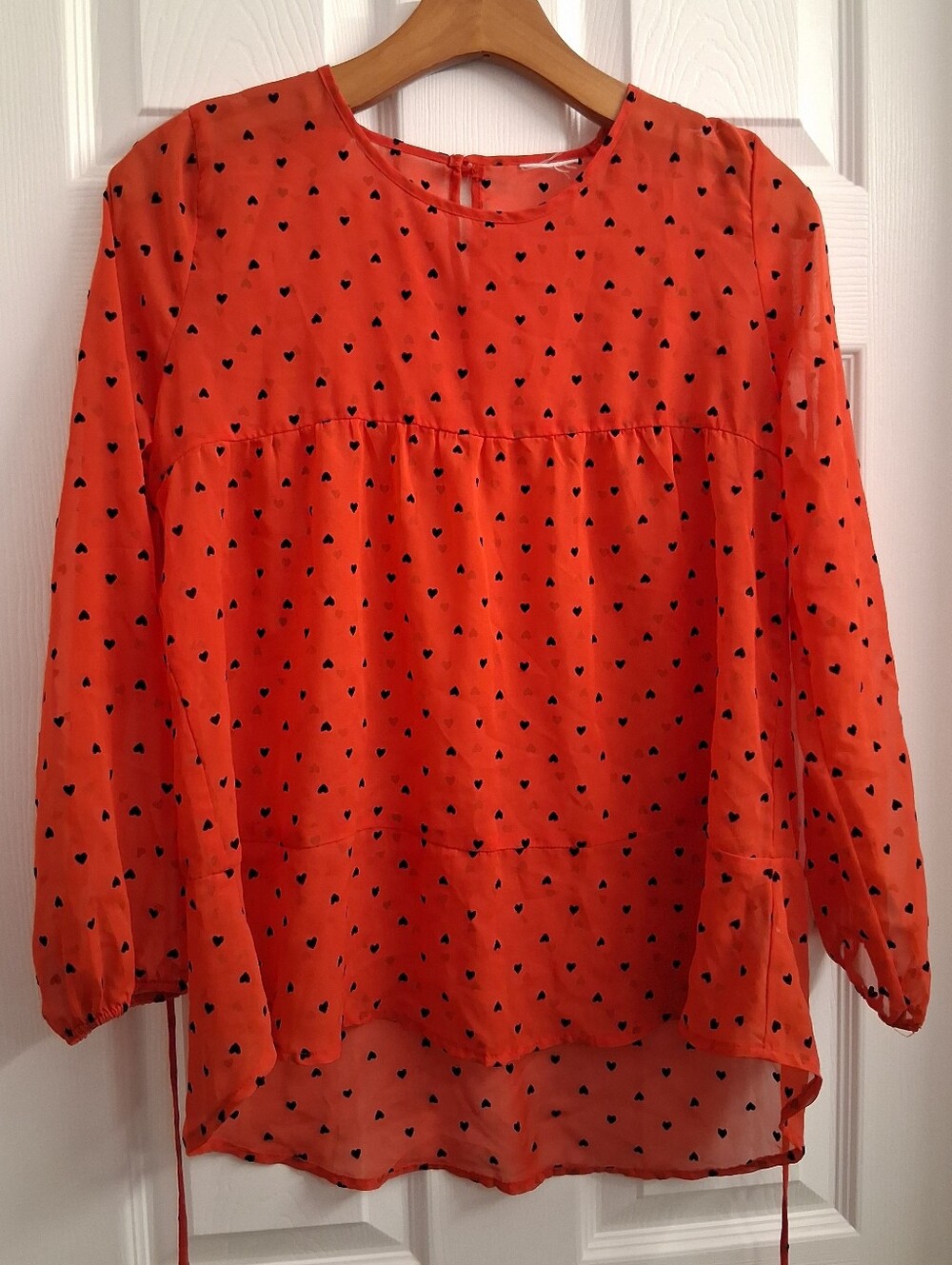 Red Sheer Heart Print Tie Back Blouse No Tags Small